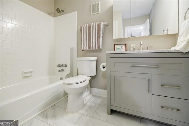 full bathroom featuring vanity, shower / tub combination, and toilet