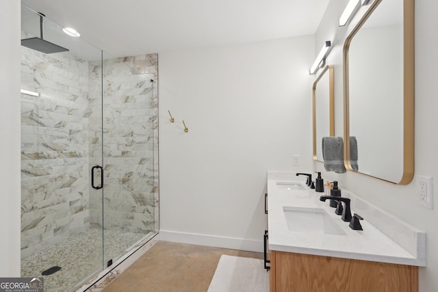 581 Etowah Trl, Dahlonega, GA 30533 - full bath featuring a shower stall, double vanity, and concrete flooring