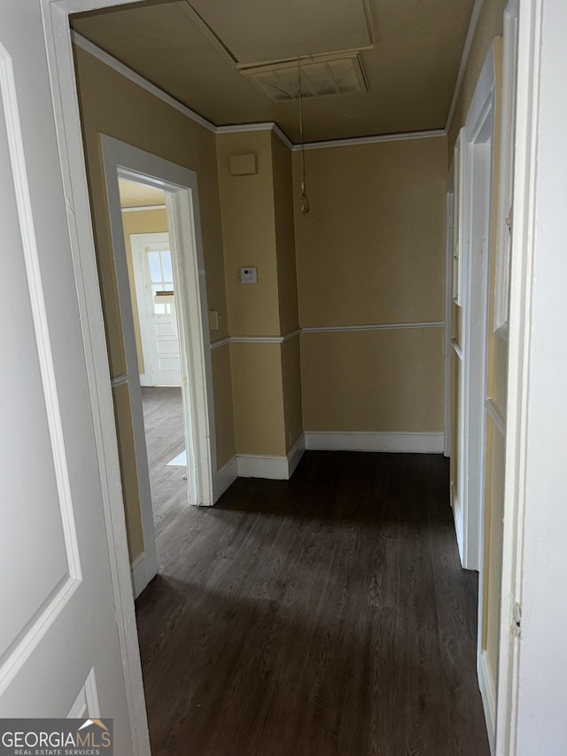 hall with crown molding and dark hardwood / wood-style floors