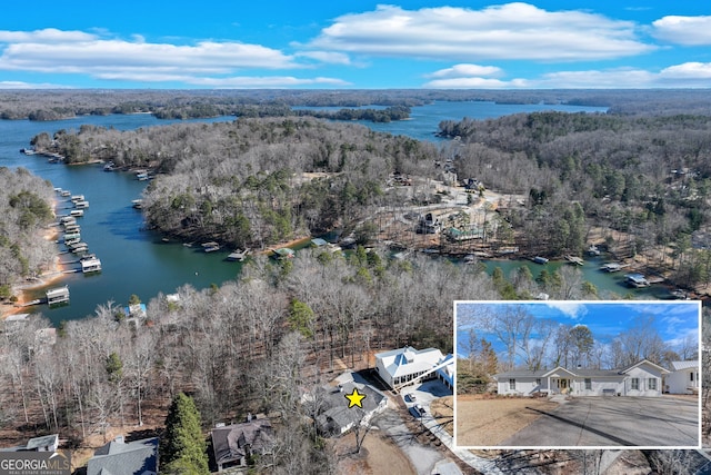 aerial view featuring a water view