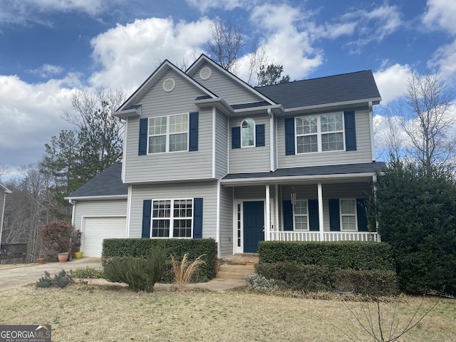 view of front of property featuring a garage, concrete driveway, and a front lawn