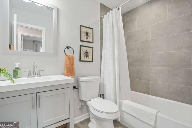 full bathroom featuring shower / bath combination with curtain, vanity, and toilet