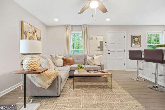 living room featuring hardwood / wood-style floors and ceiling fan