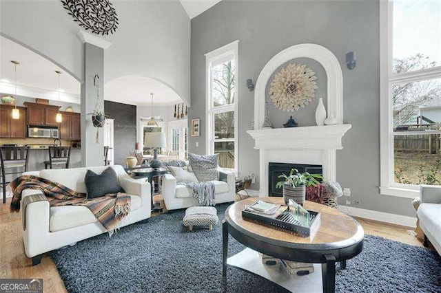 living room featuring a towering ceiling, a large fireplace, and light wood-type flooring