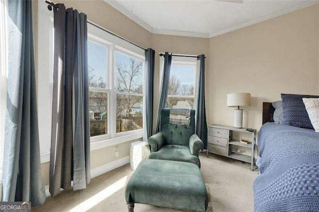 bedroom featuring light carpet and crown molding