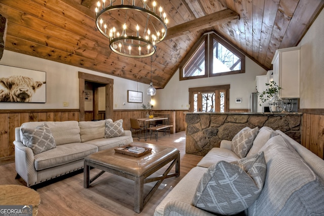 living room featuring wood ceiling, an inviting chandelier, wooden walls, beam ceiling, and light hardwood / wood-style floors