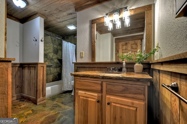 full bathroom with toilet, vanity, shower / bathtub combination with curtain, and wooden ceiling