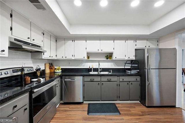 kitchen with gray cabinets, appliances with stainless steel finishes, dark hardwood / wood-style floors, sink, and white cabinets