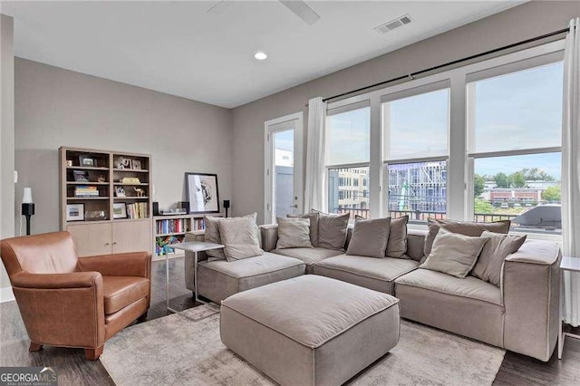 living room with hardwood / wood-style floors and a wealth of natural light