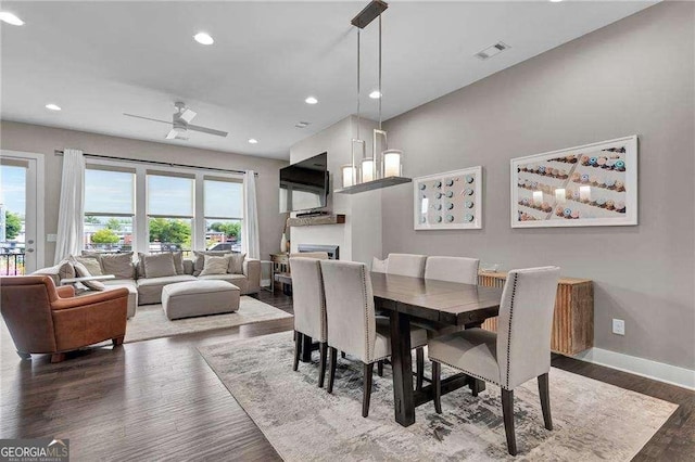 dining room featuring ceiling fan and dark hardwood / wood-style floors