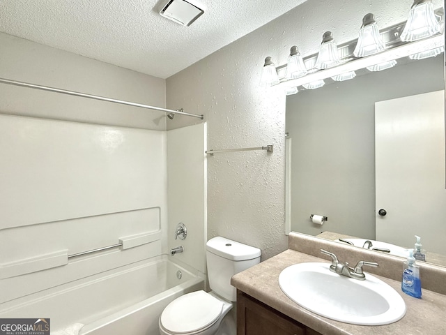 full bathroom featuring vanity,  shower combination, a textured ceiling, and toilet