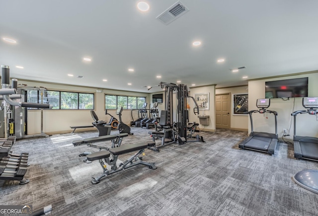 gym featuring crown molding and carpet