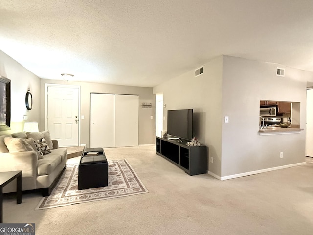 carpeted living room featuring a textured ceiling