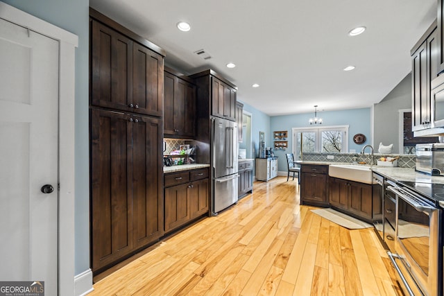 kitchen with sink, decorative backsplash, hanging light fixtures, and appliances with stainless steel finishes