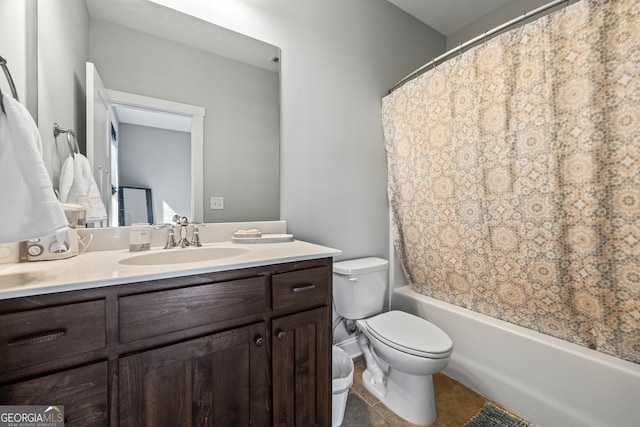 full bathroom with vanity, tile patterned floors, shower / bath combination with curtain, and toilet