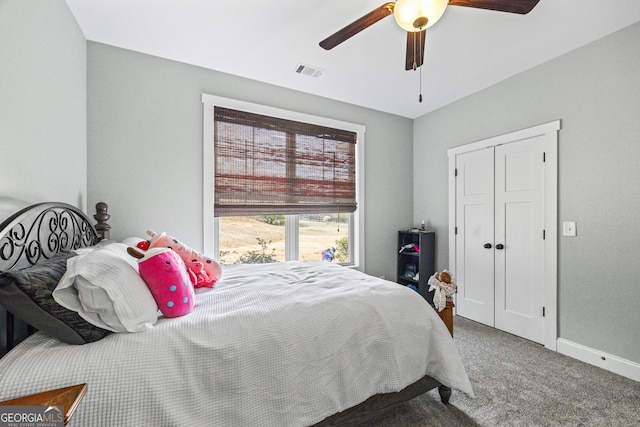 bedroom featuring carpet floors and ceiling fan