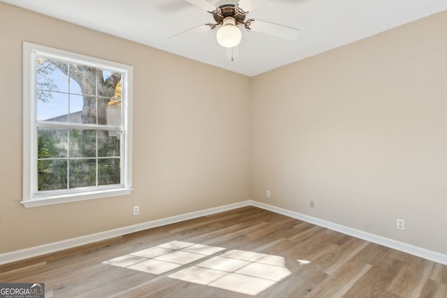 empty room with a wealth of natural light, light hardwood / wood-style floors, and ceiling fan