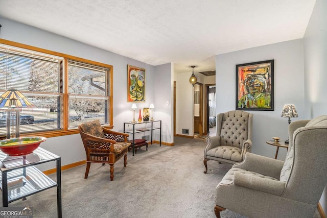 sitting room featuring carpet and a textured ceiling