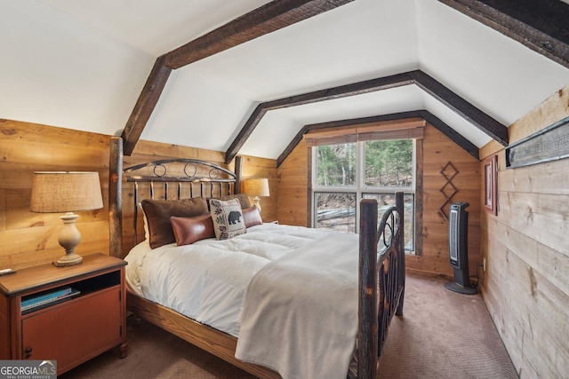 carpeted bedroom with vaulted ceiling with beams and wood walls