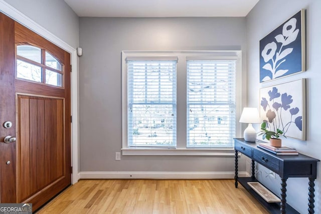 entryway with a wealth of natural light and light hardwood / wood-style floors