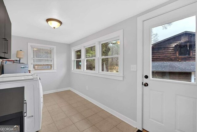 washroom featuring water heater and light tile patterned floors