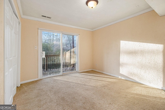 empty room with crown molding and carpet flooring