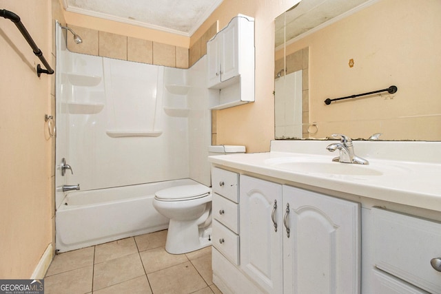 full bathroom featuring vanity, ornamental molding, bathtub / shower combination, tile patterned floors, and toilet