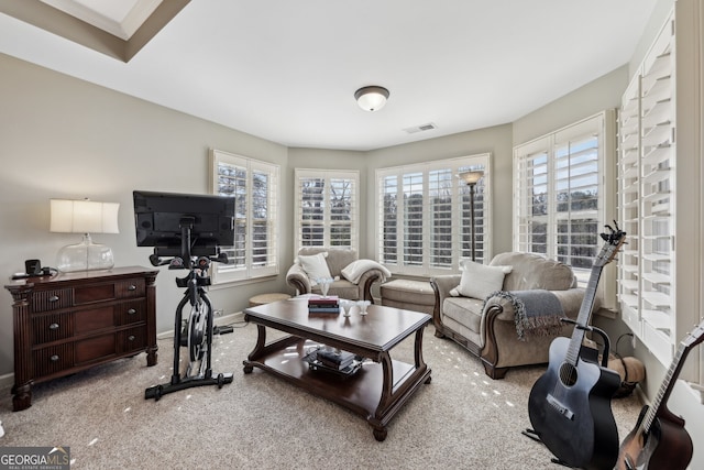 carpeted living room with a healthy amount of sunlight