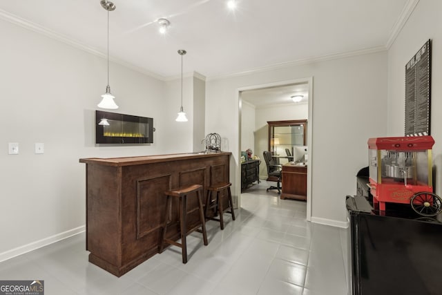 bar featuring crown molding and hanging light fixtures