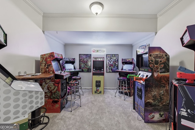 game room featuring crown molding and light colored carpet