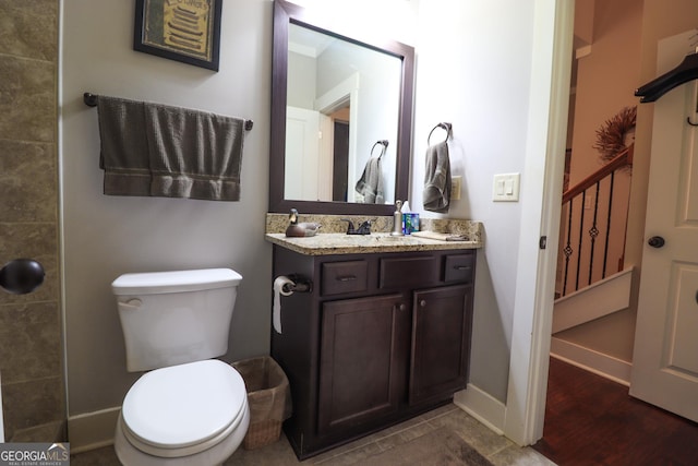 bathroom featuring vanity, hardwood / wood-style flooring, and toilet