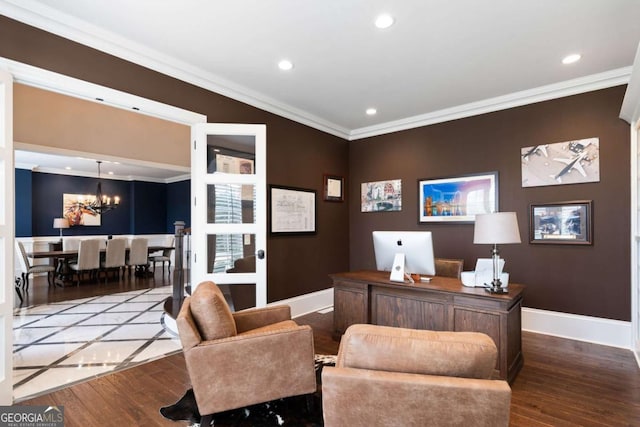 office space featuring ornamental molding, hardwood / wood-style floors, and an inviting chandelier