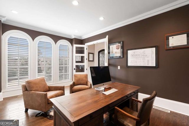 office area featuring hardwood / wood-style flooring and ornamental molding