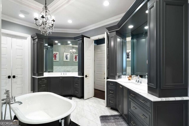 16143 Belford Dr, Alpharetta, GA 30004 - full bath with ornamental molding, marble finish flooring, a soaking tub, two vanities, and recessed lighting
