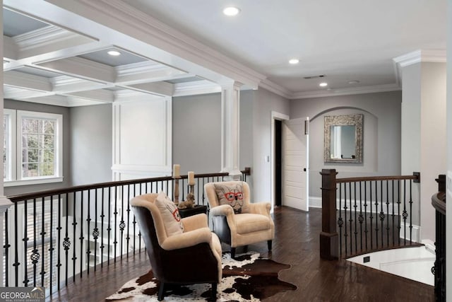 16143 Belford Dr, Alpharetta, GA 30004 - sitting room featuring recessed lighting, wood finished floors, ornate columns, ornamental molding, and beam ceiling