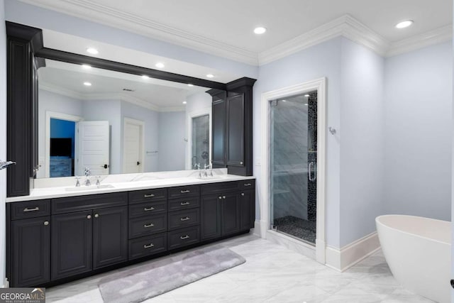 16143 Belford Dr, Alpharetta, GA 30004 - bathroom featuring recessed lighting, a stall shower, double vanity, a freestanding bath, and baseboards
