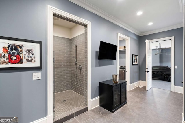 16143 Belford Dr, Alpharetta, GA 30004 - full bath featuring a tile shower, baseboards, tile patterned floors, ornamental molding, and recessed lighting