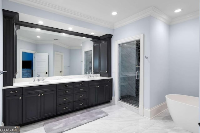 bathroom with vanity, ornamental molding, and shower with separate bathtub