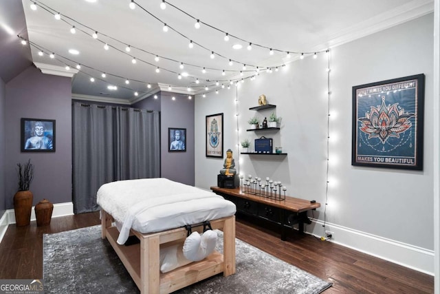 bedroom with track lighting and dark hardwood / wood-style flooring