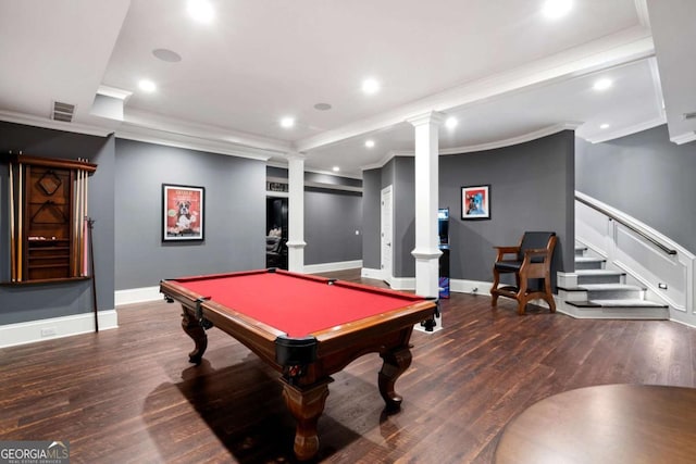 rec room featuring crown molding, dark hardwood / wood-style flooring, and decorative columns