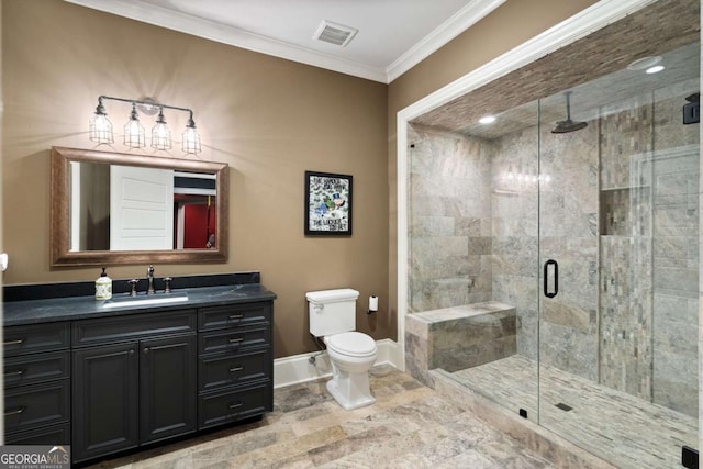 bathroom with ornamental molding, toilet, vanity, and walk in shower