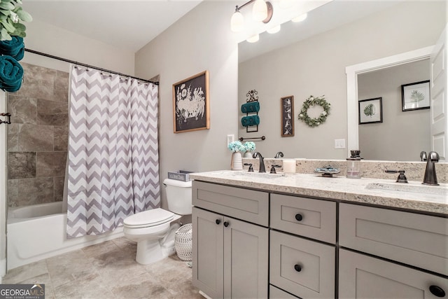 full bathroom with tile patterned flooring, vanity, shower / bathtub combination with curtain, and toilet