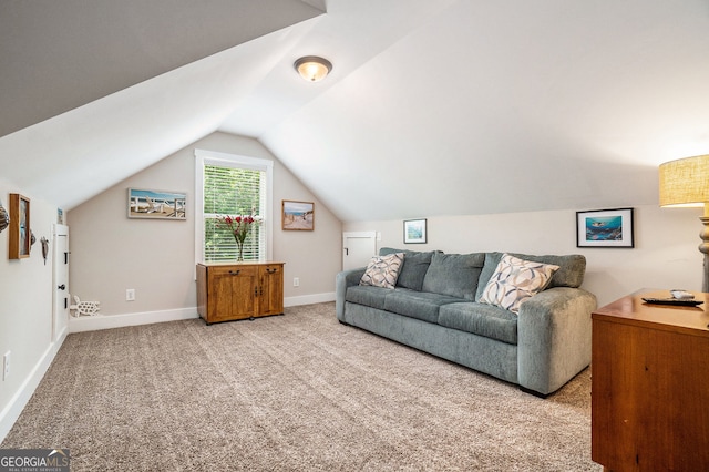 living room with vaulted ceiling and light carpet