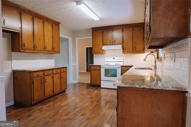 kitchen with white electric range oven, sink, light stone countertops, light hardwood / wood-style floors, and decorative backsplash