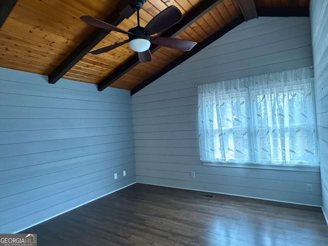 spare room with vaulted ceiling with beams, dark wood-type flooring, wooden ceiling, and ceiling fan