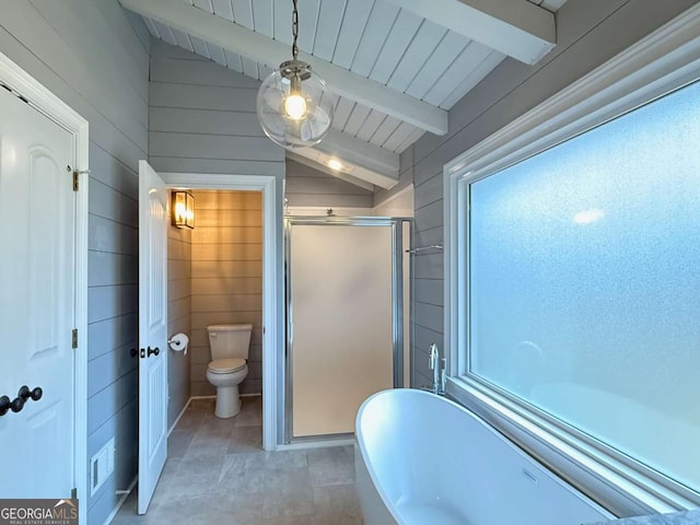 bathroom with vaulted ceiling with beams, toilet, separate shower and tub, and wood walls