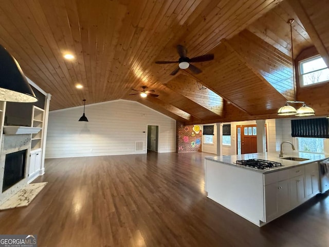 kitchen with vaulted ceiling, pendant lighting, white cabinetry, dark hardwood / wood-style flooring, and wood ceiling