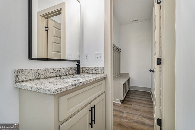 bathroom with vanity and hardwood / wood-style floors