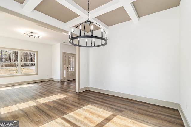 unfurnished dining area featuring dark wood-type flooring, coffered ceiling, a chandelier, and beamed ceiling