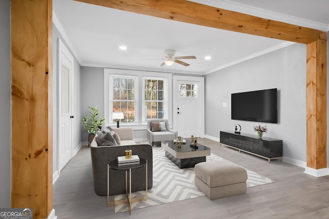 living room with ornamental molding, ceiling fan, and light hardwood / wood-style flooring